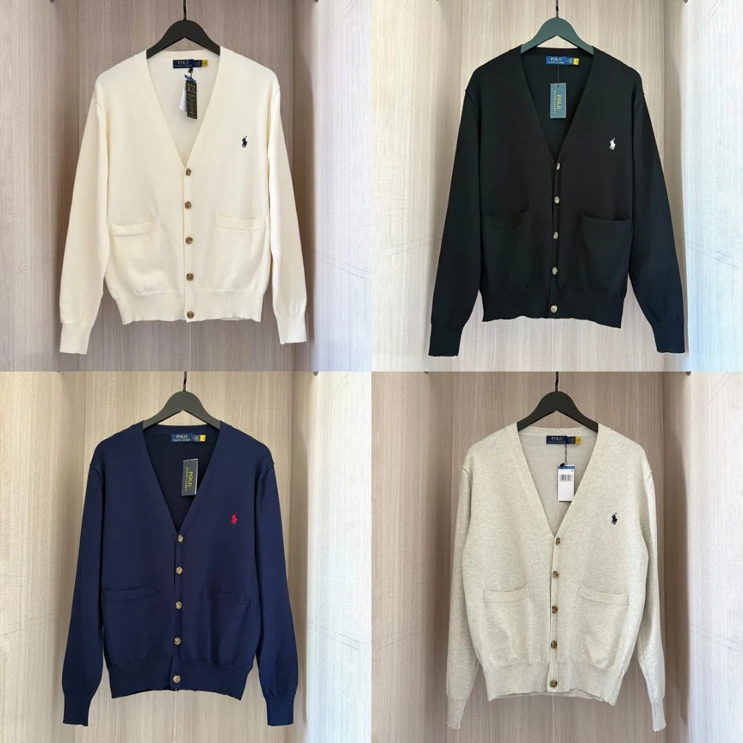 P230 RALPH LAUREN Four colors classic small label embroidered V-neck cardigan long-sleeved buttoned knitted sweater tops for men and women. Four colors. Color: white, black, navy blue, gray. Size: S M L XL. Material: cotton. Weight: 600g.